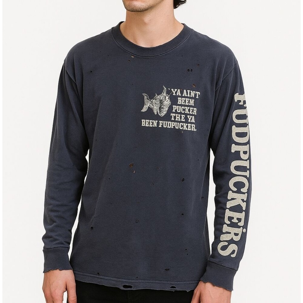 Vtg Fudpucker’s 1980s Thrashed L/S Graphic Tee Blue M Coastal Single Stich Retro